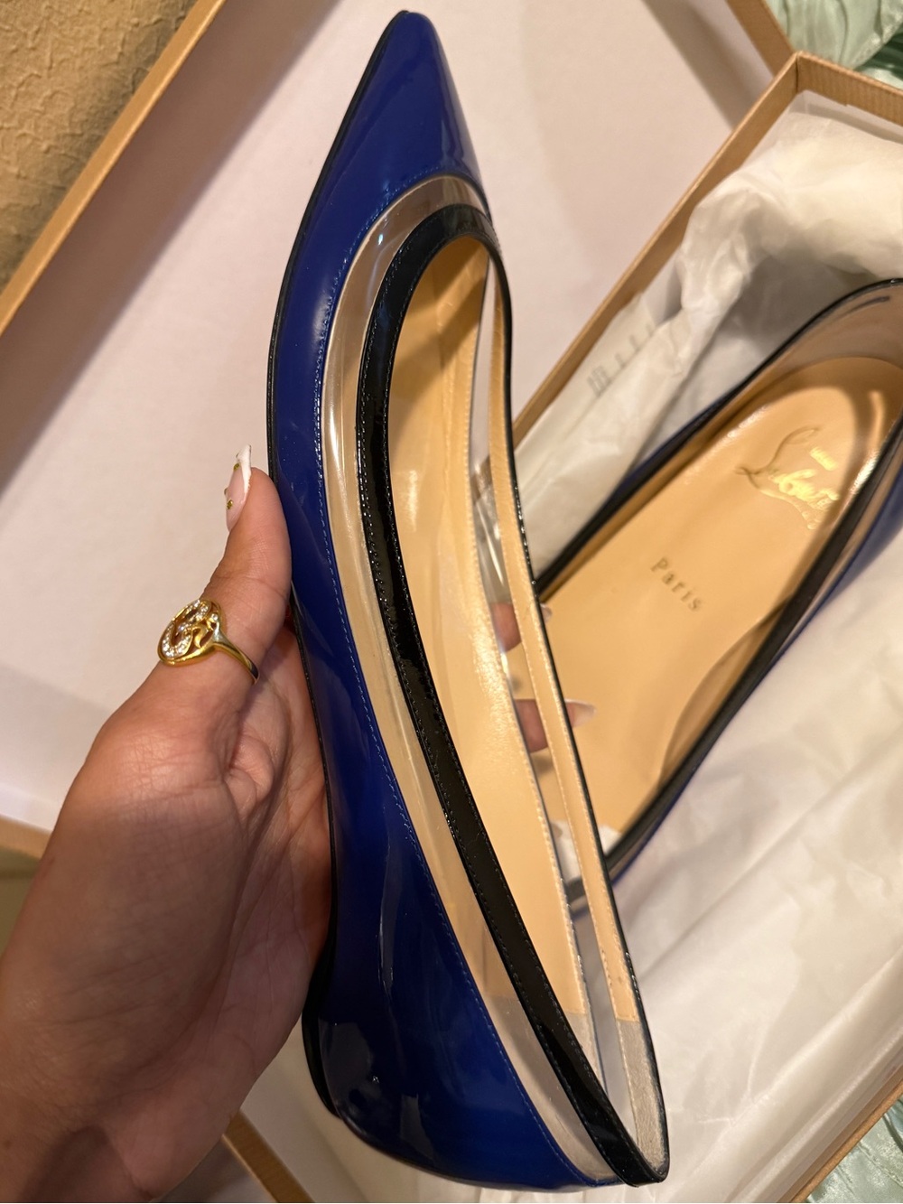 Christian Louboutin Royal Blue Patent Pointed Paulina Flat with Black Trim